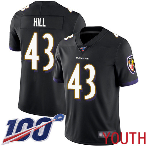 Baltimore Ravens Limited Black Youth Justice Hill Alternate Jersey NFL Football #43 100th Season Vapor Untouchable->nfl t-shirts->Sports Accessory